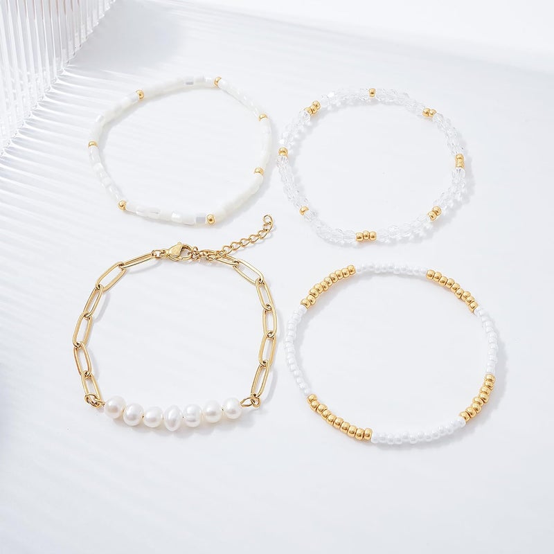 Pymach Store Dainty Gold Plated Pearl Crystal Beaded Bracelets Set for Women 14K Gold Plated Bead Pearl Beads Bracelet Stackable Paperclip Link Chain Bracelets Gold Plated Bracelets for Women Trendy Jewelry - Image 3